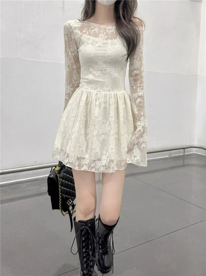 Apricot Lace Off-Shoulder Mini Dress with Flared Long Sleeves