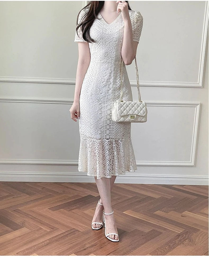 White Lace Fishtail Midi Dress, Slim Fit