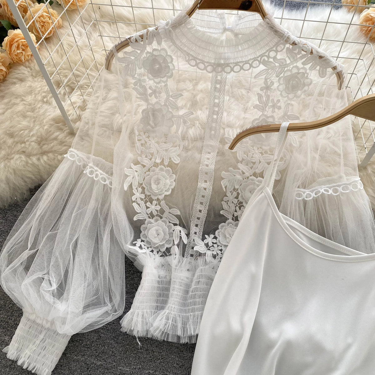 Vintage Lace Puff-Sleeve Blouse 