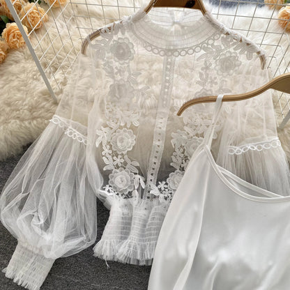 Vintage Lace Puff-Sleeve Blouse 
