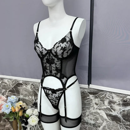 Black Sheer Embroidered Lace Lingerie Set Sizes S to L