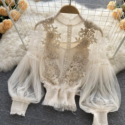 Vintage Lace Puff-Sleeve Blouse 