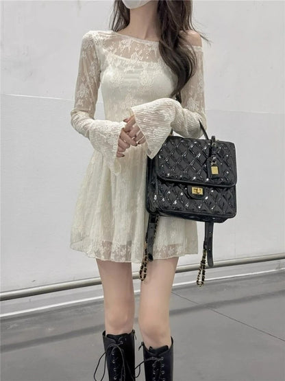 Apricot Lace Off-Shoulder Mini Dress with Flared Long Sleeves