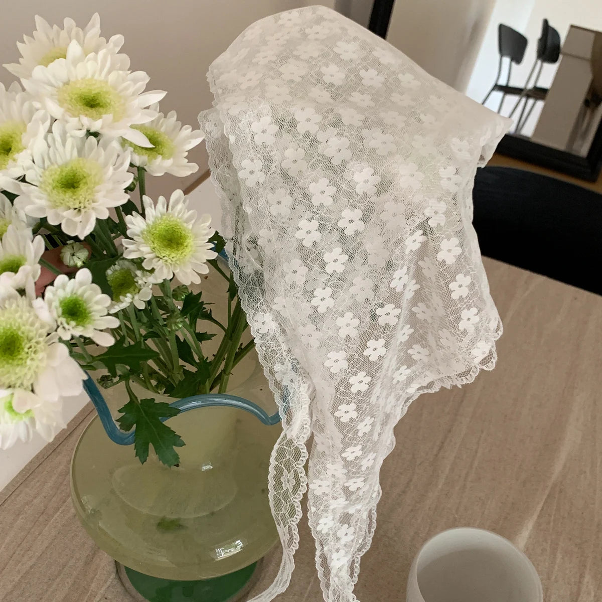 White Floral Lace Triangle Headscarf