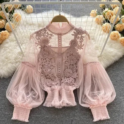 Vintage Lace Puff-Sleeve Blouse 