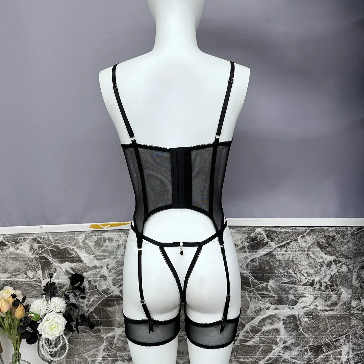 Black Sheer Embroidered Lace Lingerie Set Sizes S to L