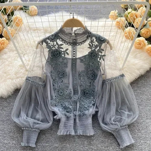 Vintage Lace Puff-Sleeve Blouse 
