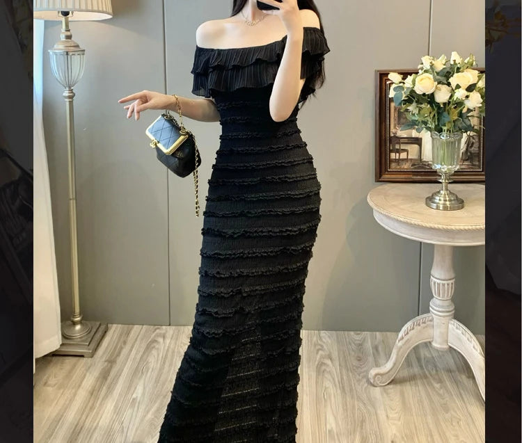 Black Off-Shoulder Draped Maxi Dress Sleeveless