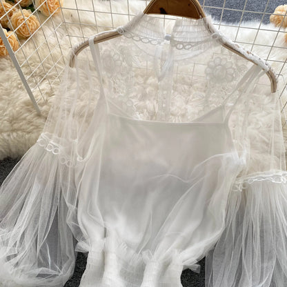 Vintage Lace Puff-Sleeve Blouse 