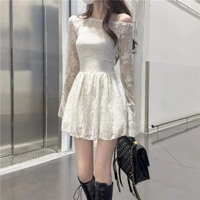 Apricot Lace Off-Shoulder Mini Dress with Flared Long Sleeves