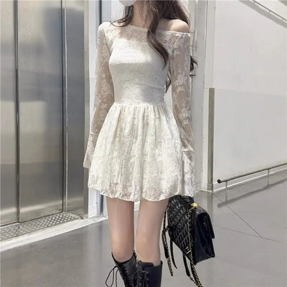 Apricot Lace Off-Shoulder Mini Dress with Flared Long Sleeves