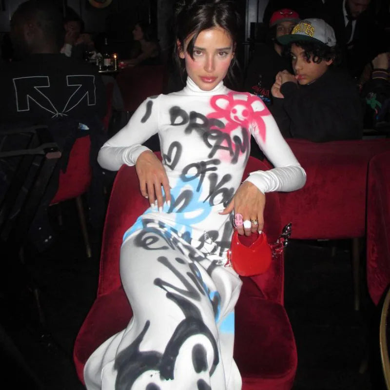 Glow Unbound LLC graffiti print turtleneck maxi dress