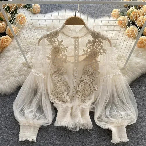 Vintage Lace Puff-Sleeve Blouse 