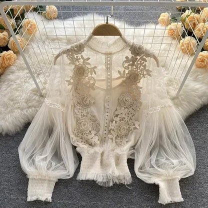 Vintage Lace Puff-Sleeve Blouse 