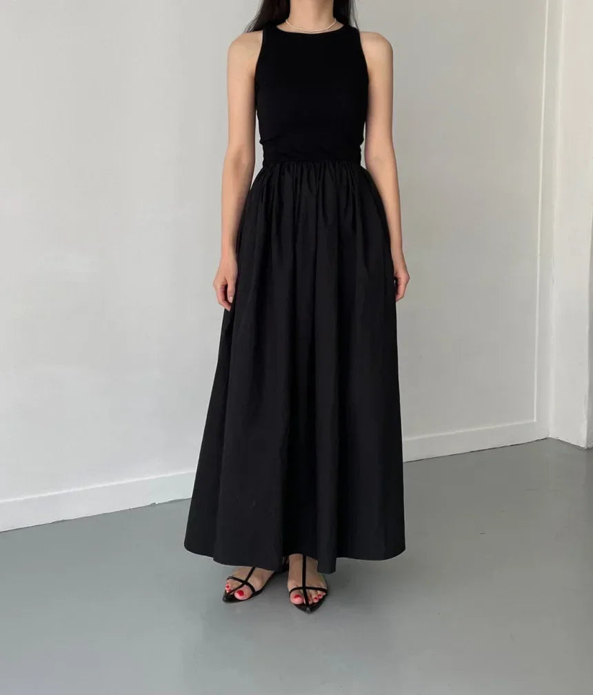 Glow Unbound LLC black midi dress with round neckline