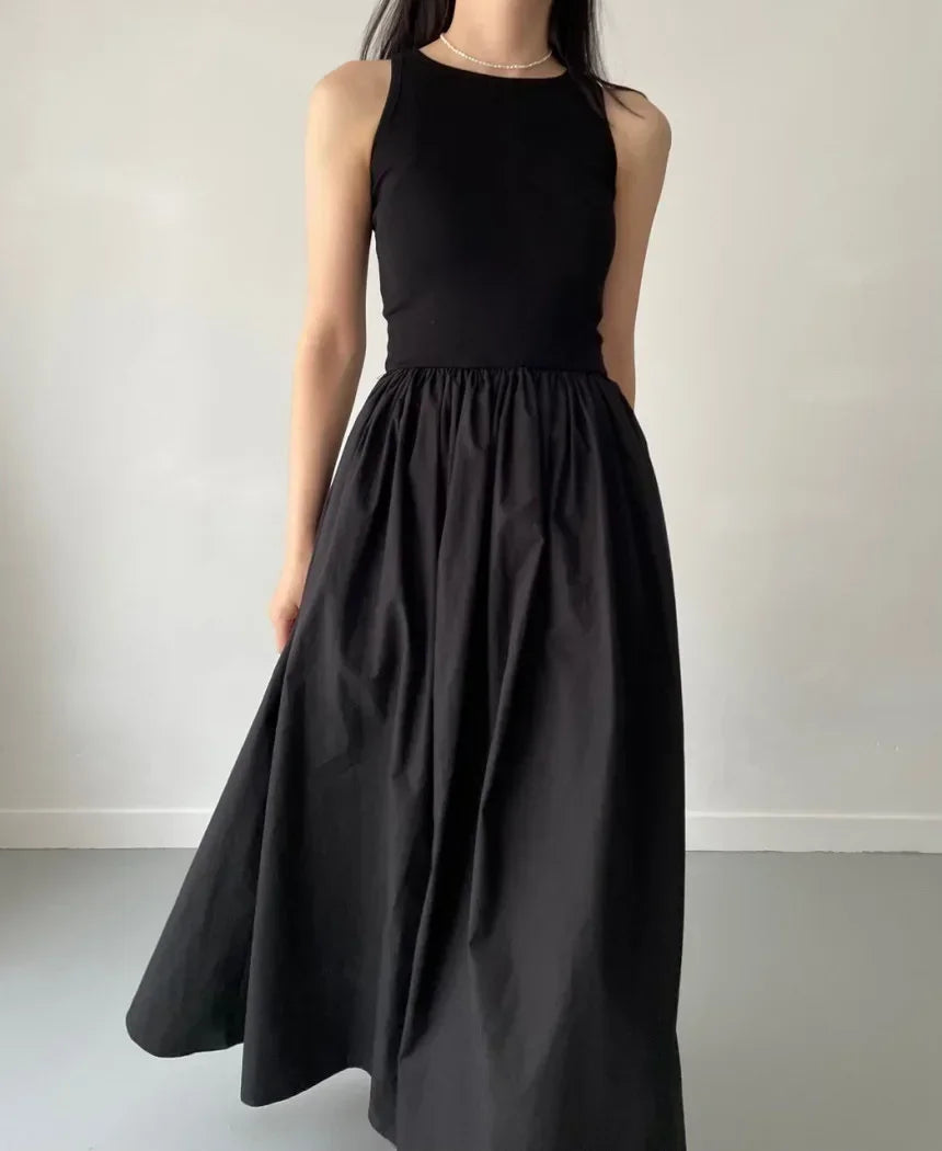Glow Unbound LLC black midi dress with round neckline