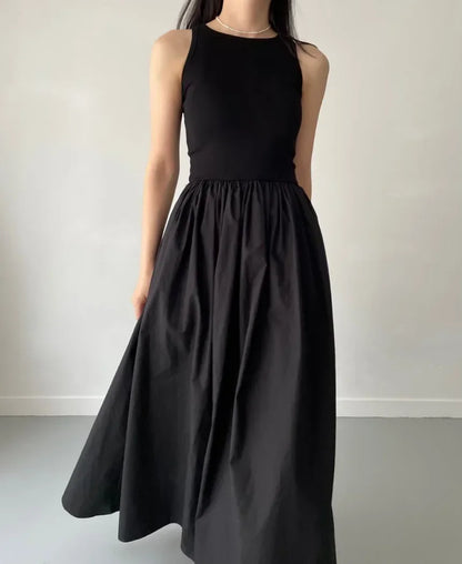 Glow Unbound LLC black midi dress with round neckline