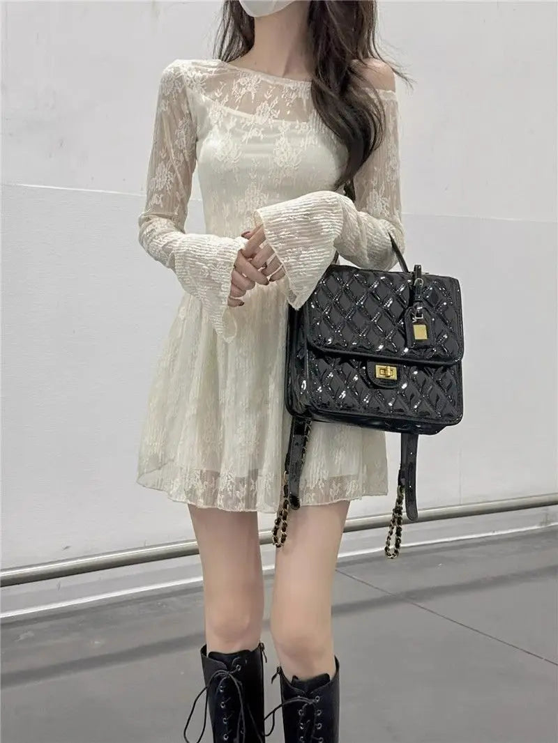 Apricot Lace Off-Shoulder Mini Dress with Flared Long Sleeves