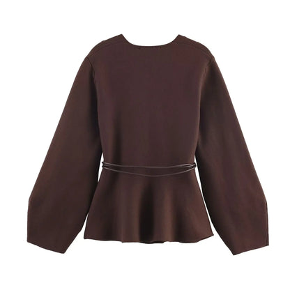Glow Unbound LLC brown belted V-neck knit cardigan