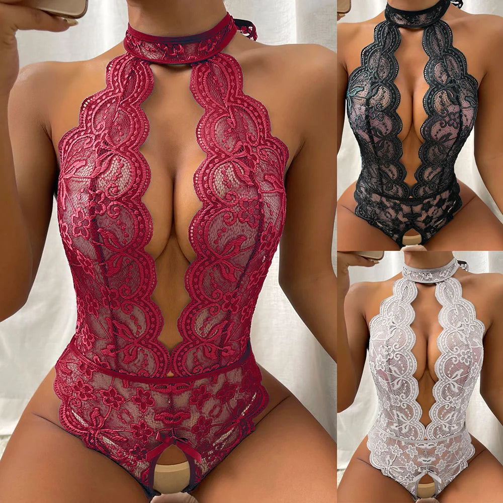Lace Halter Bodysuit with Open-Crotch &amp; Backless Design