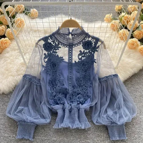 Vintage Lace Puff-Sleeve Blouse 