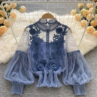 Vintage Lace Puff-Sleeve Blouse 