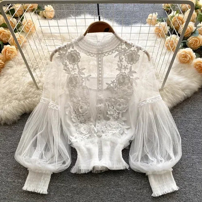Vintage Lace Puff-Sleeve Blouse 