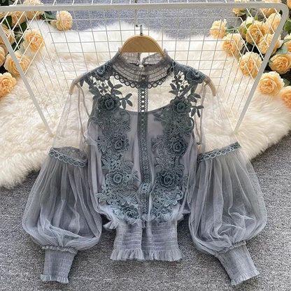 Vintage Lace Puff-Sleeve Blouse 