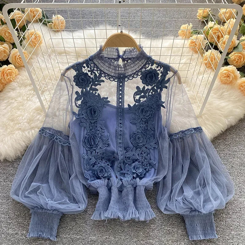 Vintage Lace Puff-Sleeve Blouse 