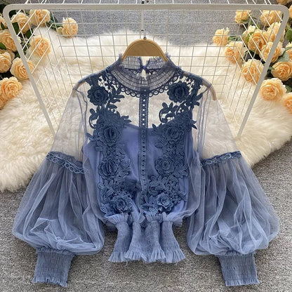 Vintage Lace Puff-Sleeve Blouse 