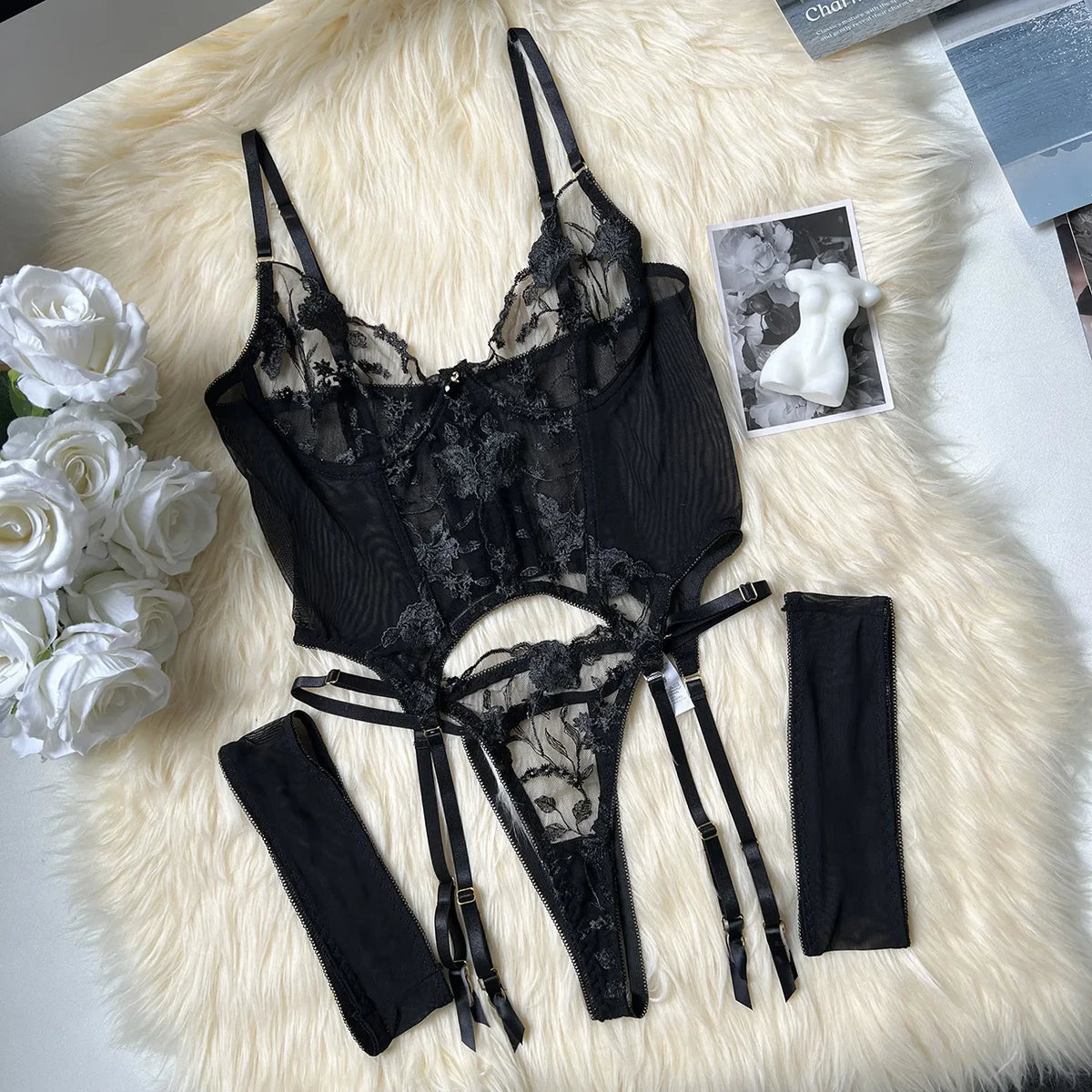 Black Sheer Embroidered Lace Lingerie Set Sizes S to L