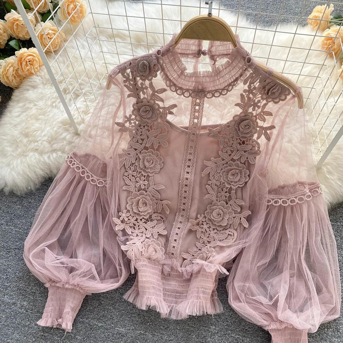 Vintage Lace Puff-Sleeve Blouse 