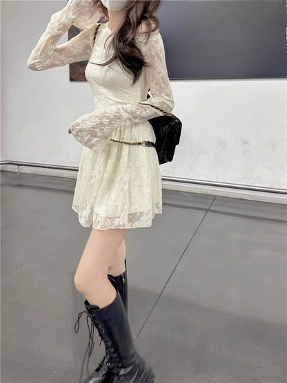 Apricot Lace Off-Shoulder Mini Dress with Flared Long Sleeves