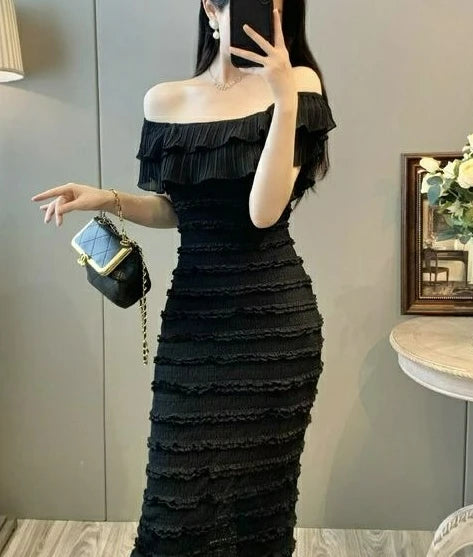 Black Off-Shoulder Draped Maxi Dress Sleeveless