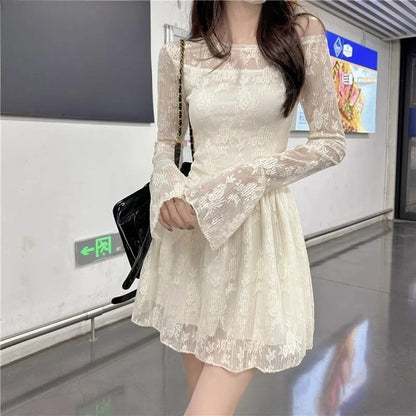 Apricot Lace Off-Shoulder Mini Dress with Flared Long Sleeves