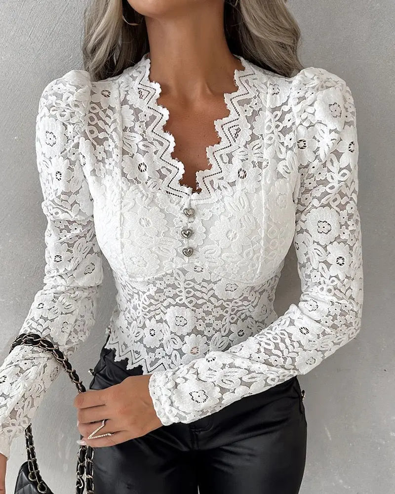 Lace-Trim V-Neck Long-Sleeve Top Slim Fit