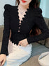 Lace-Trim V-Neck Long-Sleeve Top Slim Fit