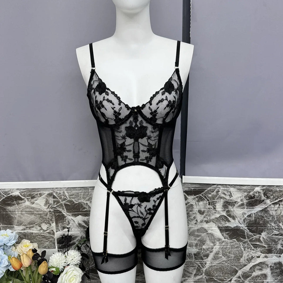 Black Sheer Embroidered Lace Lingerie Set Sizes S to L