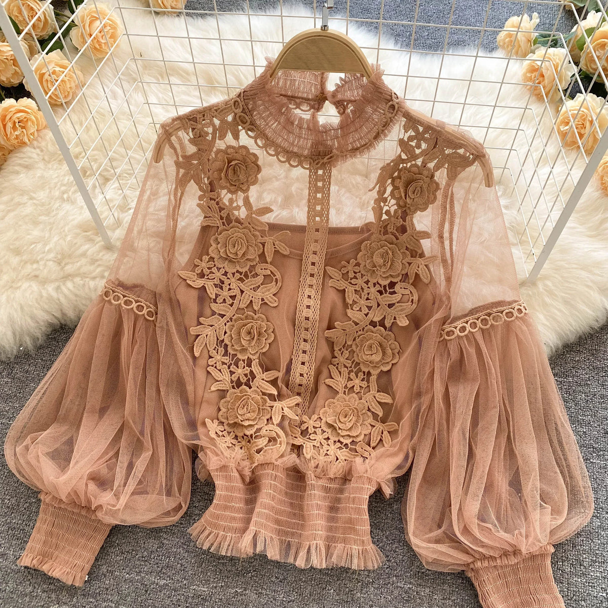 Vintage Lace Puff-Sleeve Blouse 