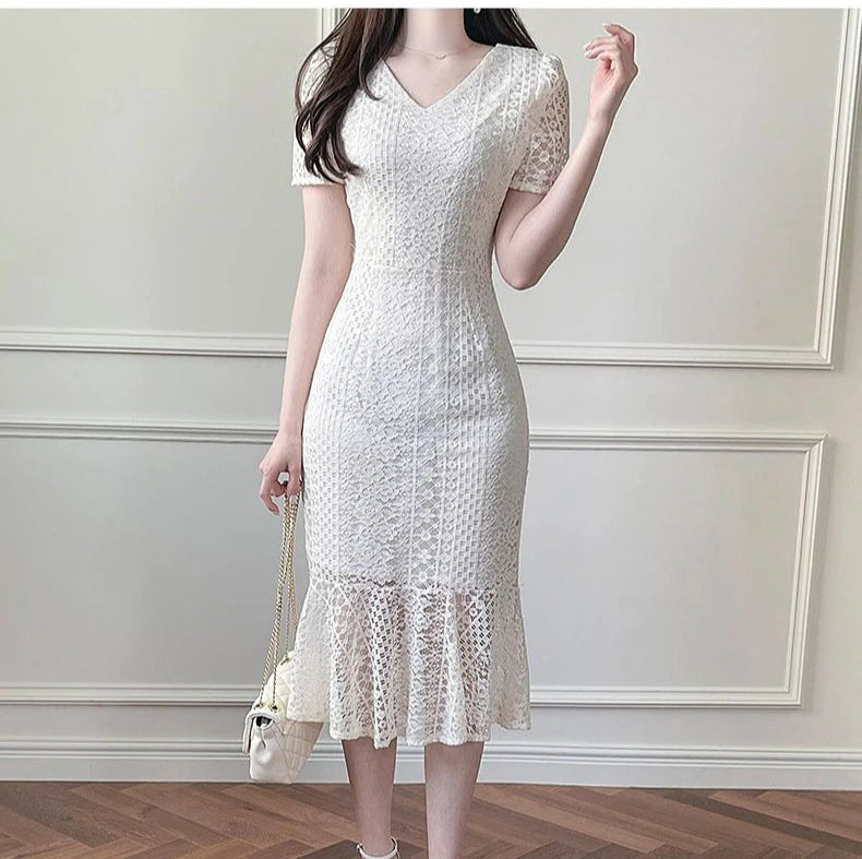 White Lace Fishtail Midi Dress, Slim Fit