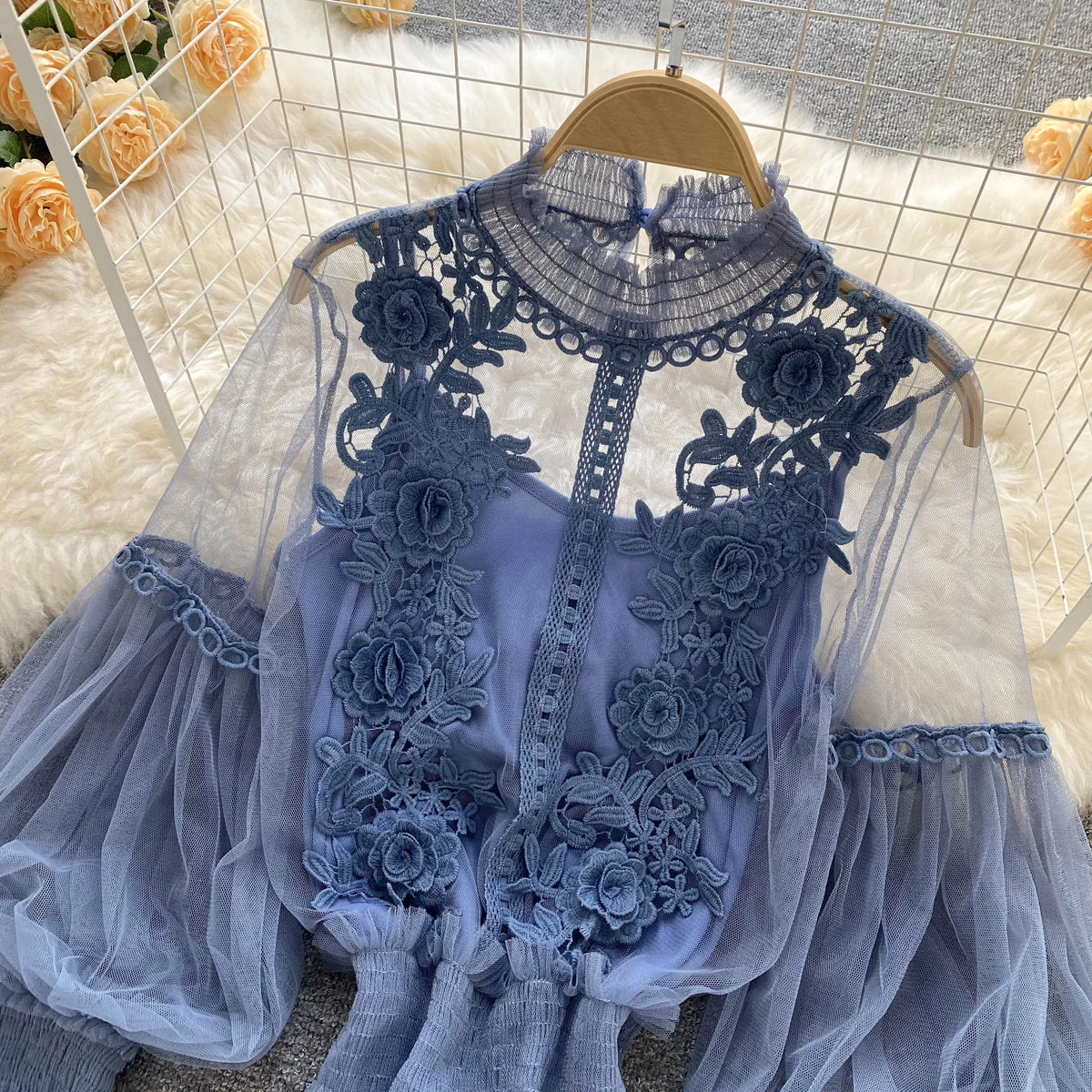 Vintage Lace Puff-Sleeve Blouse 