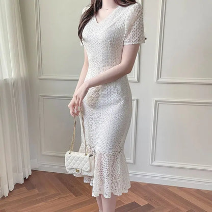 White Lace Fishtail Midi Dress, Slim Fit