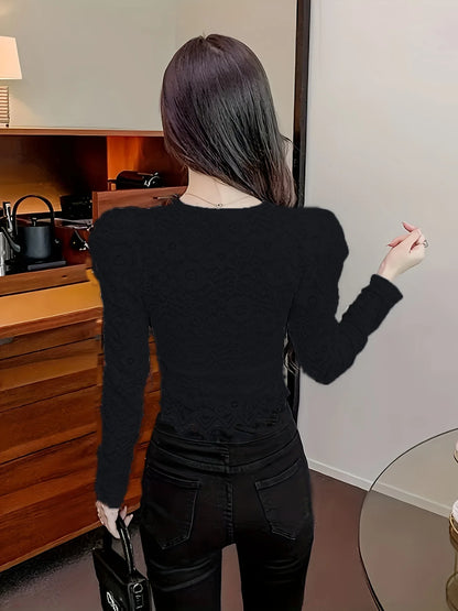 Lace-Trim V-Neck Long-Sleeve Top Slim Fit