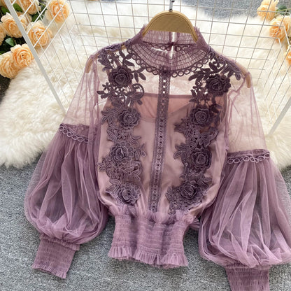 Vintage Lace Puff-Sleeve Blouse 
