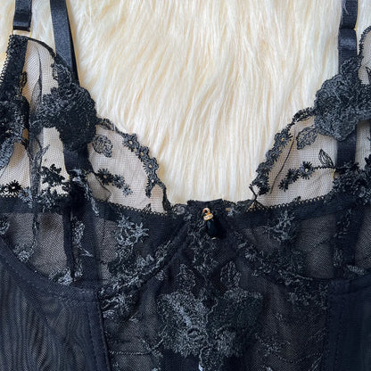 Black Sheer Embroidered Lace Lingerie Set Sizes S to L
