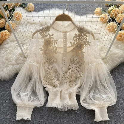 Vintage Lace Puff-Sleeve Blouse 