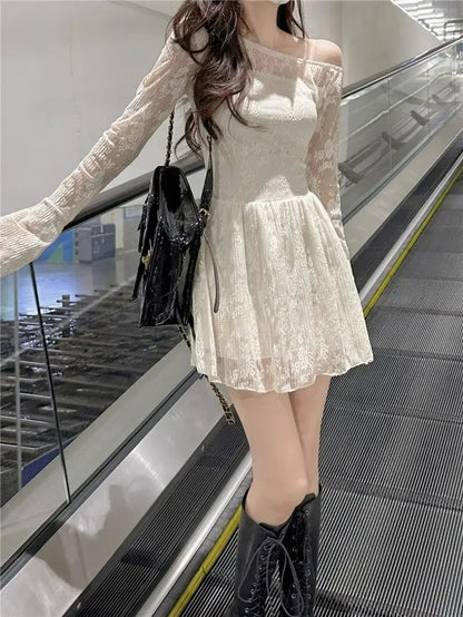 Apricot Lace Off-Shoulder Mini Dress with Flared Long Sleeves