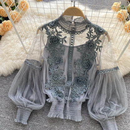 Vintage Lace Puff-Sleeve Blouse 
