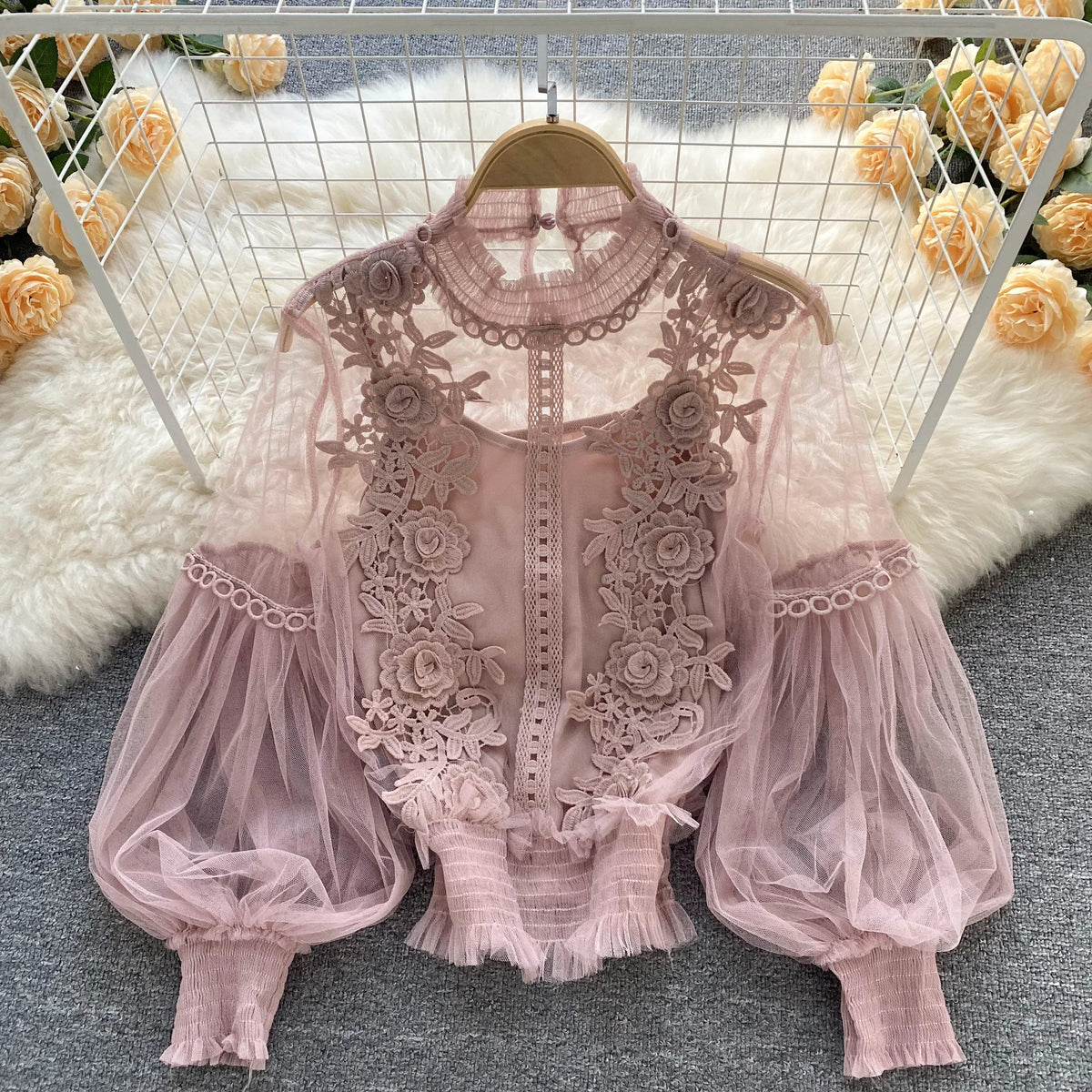 Vintage Lace Puff-Sleeve Blouse 