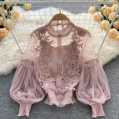 Vintage Lace Puff-Sleeve Blouse 